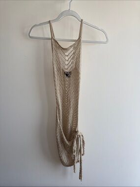 PrettyLittleThing Beige/Gold Sheer Knit Asymmetric Mini Beach Dress Coverup